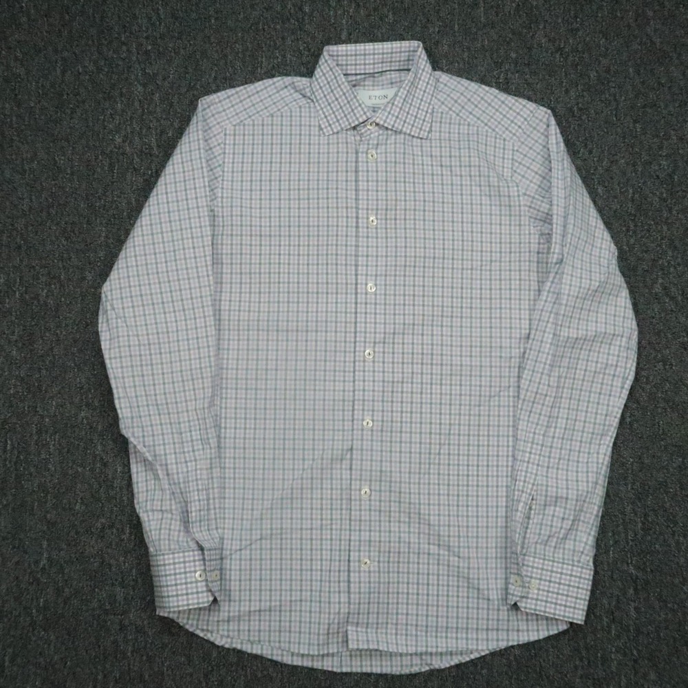 Eton Shirt Mens Medium 15 Purple Gray Plaid Contemporary Long Sleeve Button Up‎